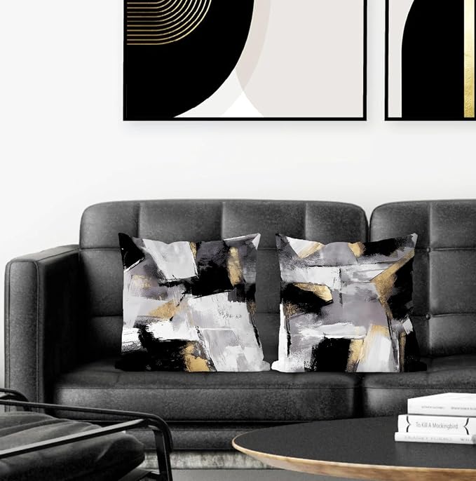 Black and White Pillow Covers, Abstract White Black and Gold Pillow Covers 20x20 Set of 2, Modern Black and White Pillow Covers for Couch Bed Living Room