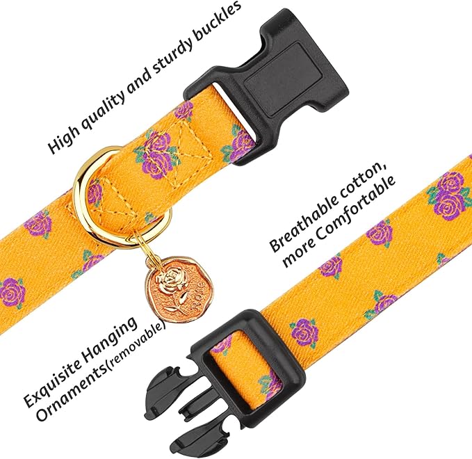 Cotton Handmade Dog Collar Cute and Distinctive Patterns Yellow Rose with Pendant for Girl Boy Dogs Collars S