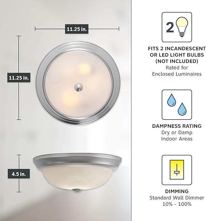 DESIGNERS FOUNTAIN Reedley 2-Lights Flush Mount Ceiling Light, 11 Inch Lighting Fixture for Kitchen, Bedroom, Bathroom, and Hallway, White Alabaster Glass, Pewter, 1257S-PW-AL