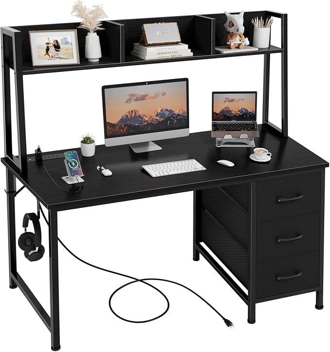 DLisiting Black Computer Desk with Hutch & Drawers - Office Desk with 3 Storage Drawers and Power Outlets, 47 Inch Modern Study Writing Desk for Bedroom Home Office