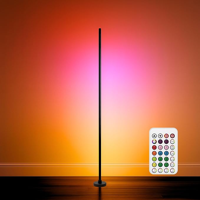 RGBICW LED Corner Floor Lamp 58'' with Music Sync, Remote Control, Color-Changing Ambient Lighting for Living Rooms, Gaming, Home Office (Round Base)
