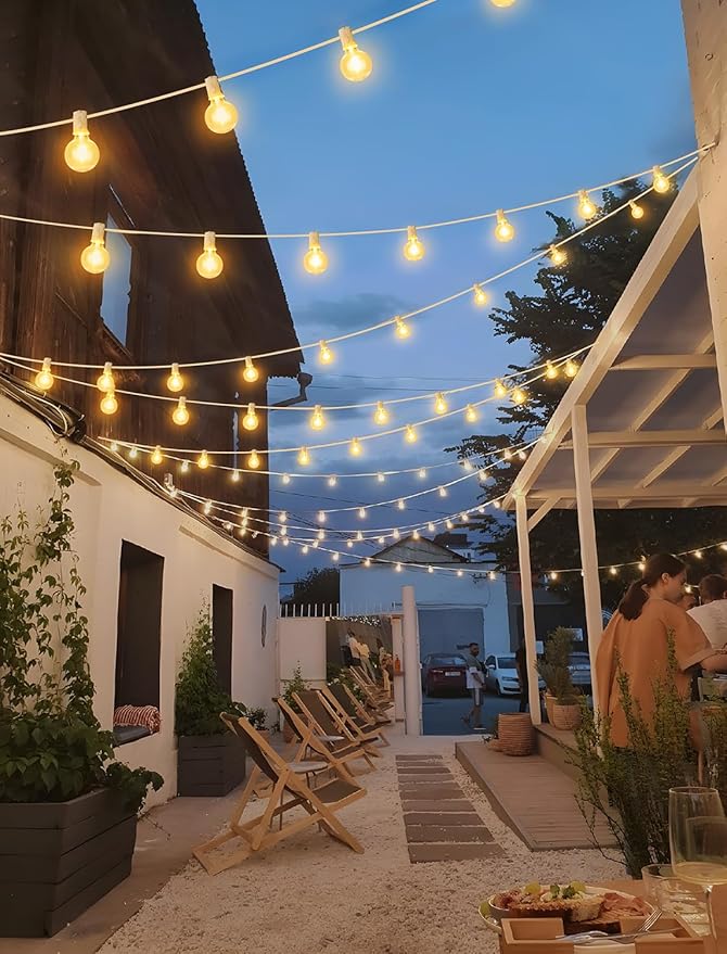 50FT(2x25FT) Solar String Lights Outdoor with Remote, Waterproof Dimmable 3 Modes Patio Lights with 20+2 LED G40 Bulbs for Party Bistro-White