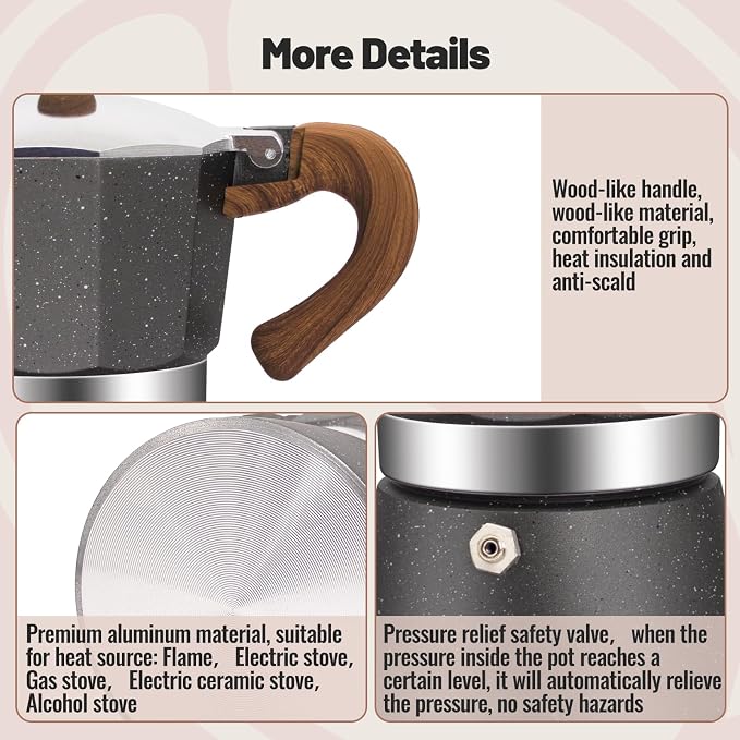 3 Cup Aluminum Moka Pot Classic Stovetop Espresso Coffee Maker 150ml 5oz Coffeemaker Percolator Mocha Pot Greca Coffee Maker Cafe Makers for Italian and Cuban Café Brewing Gray