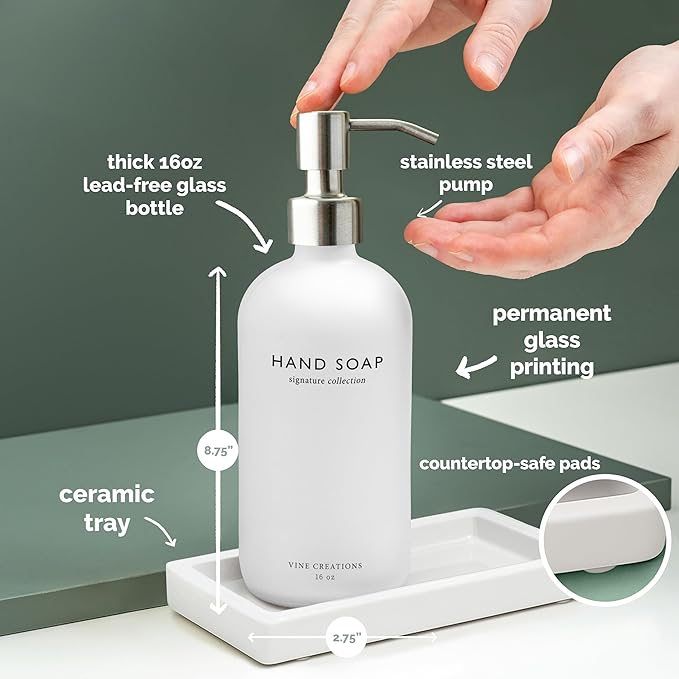 Vine Creations Glass Soap Dispenser Set, Kitchen Soap Dispenser Set with Ceramic Tray, 16 oz Dish Soap and Hand Soap Dispensers with Stainless Steel Pump Decor (White Bottle/Silver)