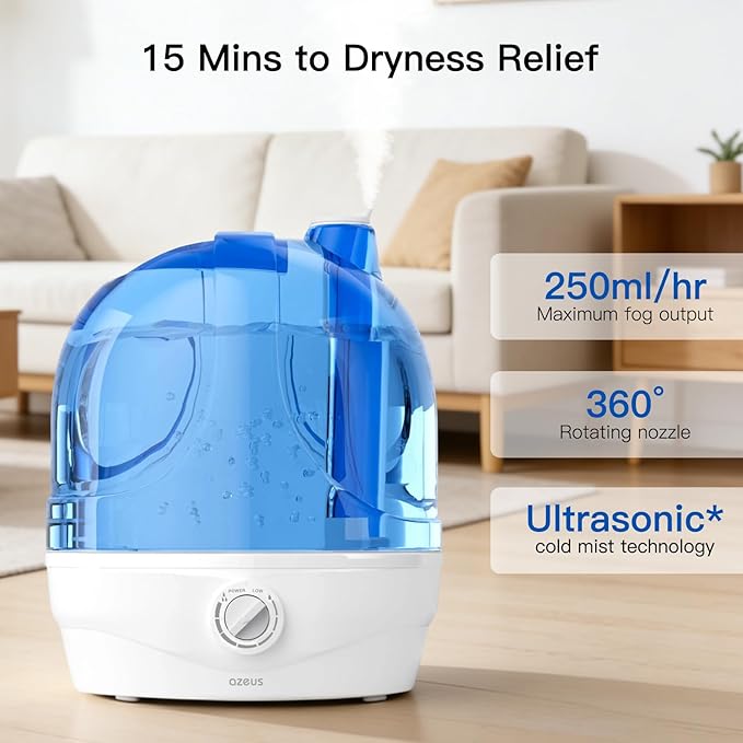 AZEUS 2.8L Large Capacity Ultrasonic Cool Mist Humidifier - Powerful Moisture Control for Comfortable Spaces, Lasts up to 30 Hours, Auto Shut-Off (BPA-Free)