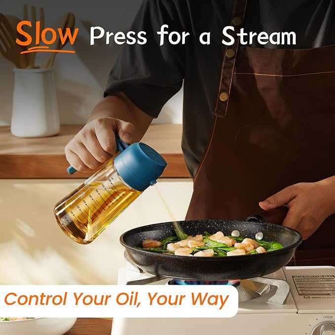 TrendPlain 16oz/470ml Glass Olive Oil Sprayer for Cooking – 2 in 1 Olive Oil Dispenser Bottle for Kitchen Gadgets and Air Fryer Accessories, Salad, BBQ - Black & Navy