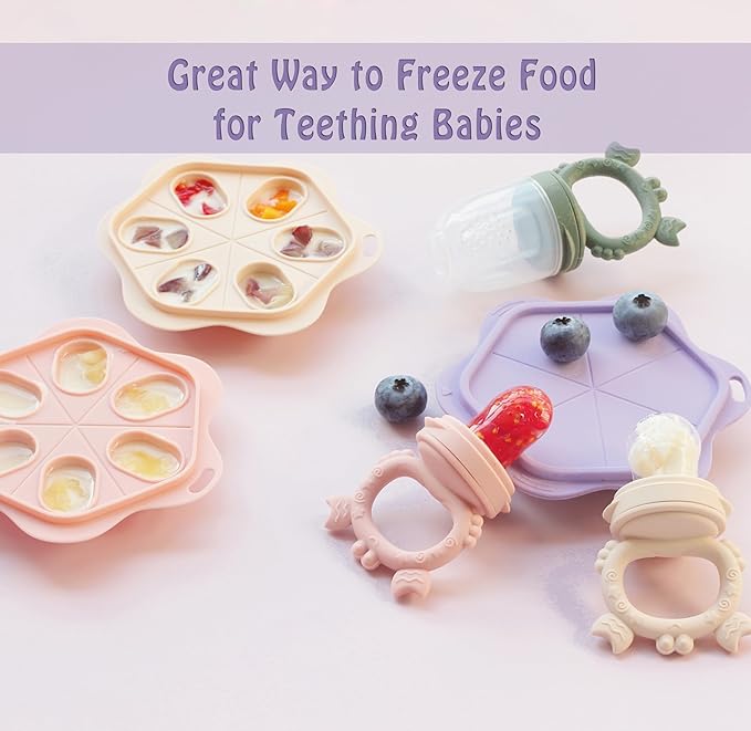 Ginbear Baby Fruit Food Feeder & Popsicle Molds Combo (Set of 2), Silicone Teething Feeders with Freezer Tray for Infants 4 Months+ (Dark Sage/Ivory)