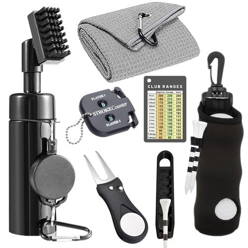 karamagic 7Pcs Golf Accessories Kit, Include Golf Club Cleaner Towel Ball Bag Divot Tool Score Counter Range Chart Card Tee Elevator