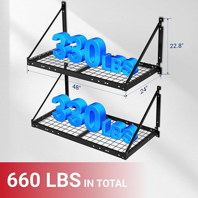 FLEXIMOUNTS 2-Pack 2x4ft Garage Wall Shelving with 4 Hooks - Heavy Duty Garage Storage System, 660 lbs Load Capacity with Brace Guardrail, Wall Mounted Organization for Bikes, Tools, Bins, Pro Series