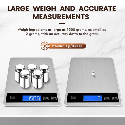 33lb Food Scale, Digital Kitchen Scale Batteries and USB Charging,1g/0.05oz Precise Graduation, Waterproof Stainless Steel with LCD Display Weight Grams and oz for Cooking Baking (Stainless Steel)
