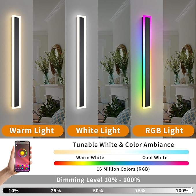 Outdoor RGB Long Wall Lights, 47.2inch 2 Pack RGB/Warm/White Dimmable Modern Led Wall Lighting, Ip65 Waterproof Long Wall Sconce with Remote and APP Control for Outdoor/Indoor