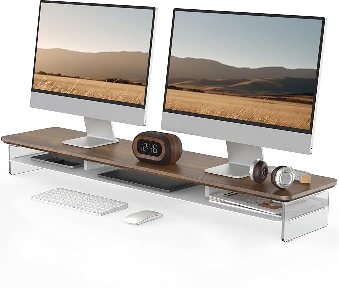 Fenge 42.5" Dual Monitor Stand with Clear Acrylic Legs, Brown | Clear acrylic, storage compartment, 2-tier home office monitor riser, wide large desktop shelf fit monitor/laptop/printer