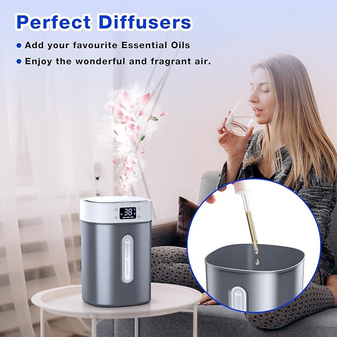 Stainless Steel Humidifier for Bedroom & Large Room,4L Easy to Clean Cool Mist Humidifier, Mold Free & Dishwasher Safe Water Tank, Essential Oil Diffuser for Baby Nursery, Plants, Home