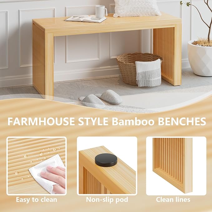 Bamboo Dining Bench Indoor Long Entryway Shoe Rack Benchs,Outdoor Modern Wood Benches 35 Inch Bamboo Bench for Living Room Hallway Bedroom Bathroom