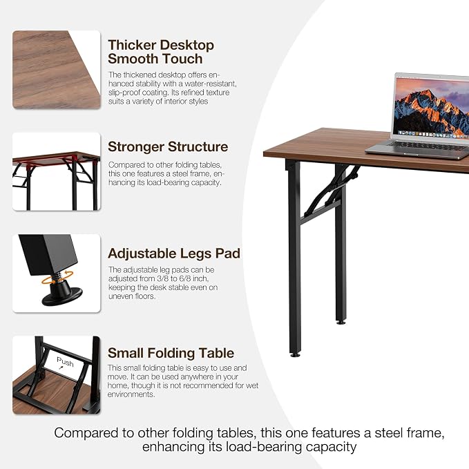 TEMI Long Computer Desk Folding Table - 55.1" Foldable Office Desk, No Assembly, Perfect Writing Table for Bedroom, Dorm, or Apartment, Portable Large Desk or Study Table with Compact Design, Walnut