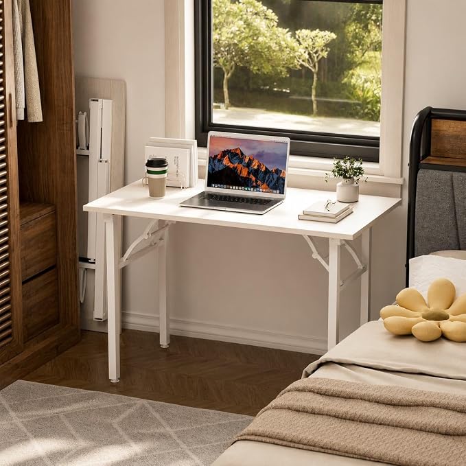 Folding Table Computer Desk - 43.3" No Assembly Folding Desk Design and Foldable Office Desk, Small Desk for Bedroom, Compact Storage Portable Use for Dorm and RV Small Space, White Ash