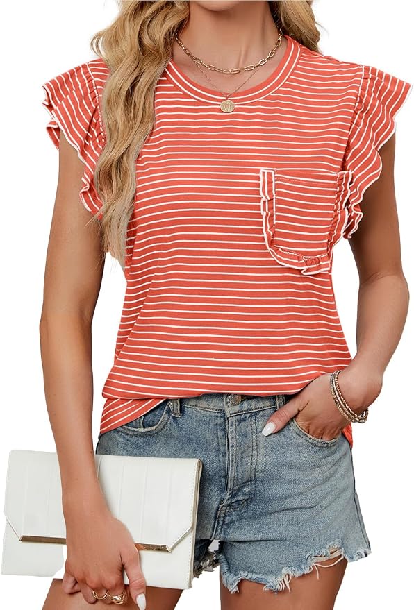 JUSTFASHIONNOW Womens Summer Tops Striped T-Shirts 2026 Ruffle Short Sleeve Crew Neck Casual Blouses with Pocket