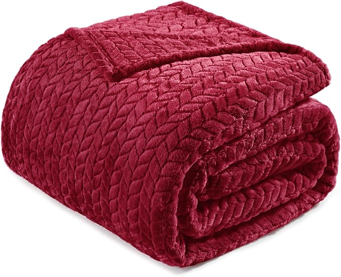 Exclusivo Mezcla Soft Fleece Bed Blanket Queen Size, 90”x90”, Deep Red | Cozy Fluffy Lightweight Blankets for Summer, Decorative Plush Flannel Throws for Living room, Bedroom with Leaves Pattern