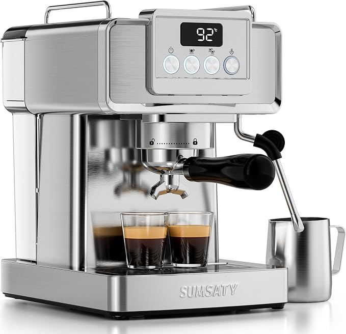 SUMSATY 20 Bar Espresso Machine Stainless Steel with Powerful Milk Frother | LED Display Espresso Coffee Machine 1350W Fast Heating Home Barista to Make Latte Cappuccino, Pre-Infusion, 61oz Water Tank