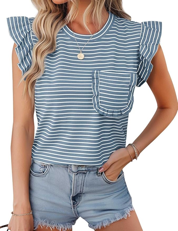 JUSTFASHIONNOW Womens Summer Tops Striped T-Shirts 2026 Ruffle Short Sleeve Crew Neck Casual Blouses with Pocket