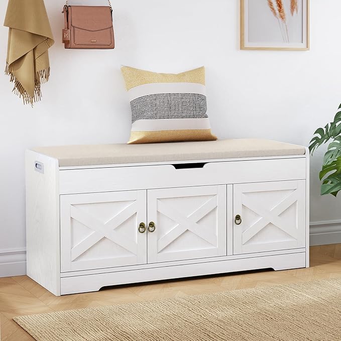 Farmhouse Shoe Storage Bench with Cushion Seat, 3-Tier Entryway Bench with Lift Top Storage and Adjustable Shelf, Bench for Hallway, Bedroom, White