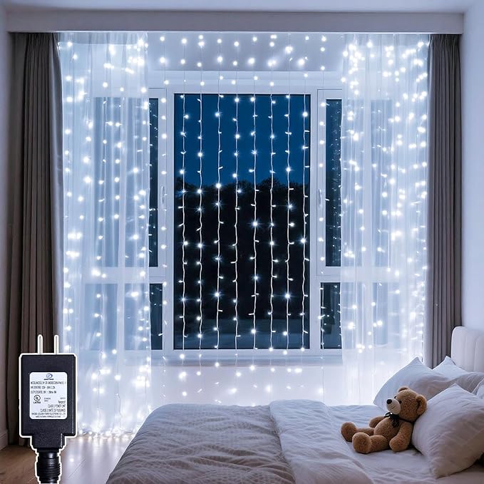 300 LED Curtain String Lights 9.8FT Plug in Fairy Lights with Timer and 8 Modes, Waterproof Window Wall Lights for Bedroom Wedding Party Indoor Outdoor Christmas Decor