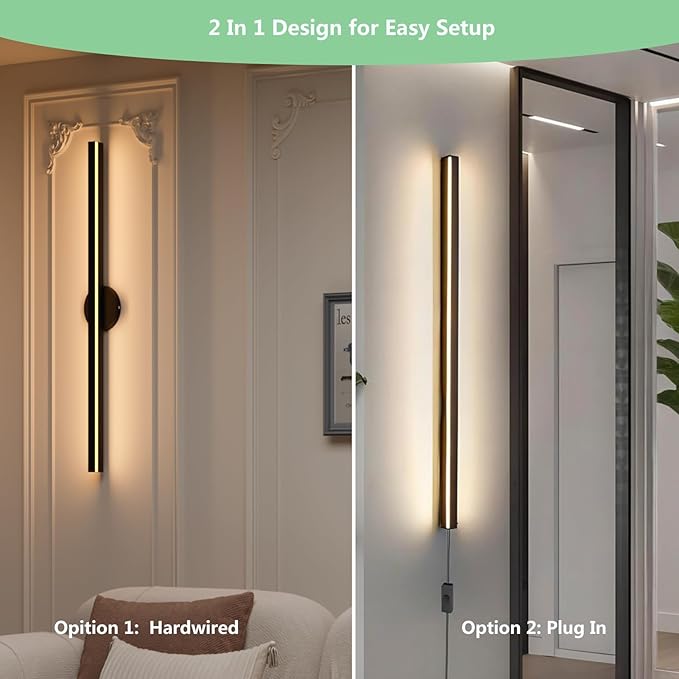 Smart Plug In Wall Lights Set of 2, RGBCW Color Changing LED Wall Sconces Works with Alexa, Goolge Home, Smart App, 23.6In Modern Black Indoor Wall Lamp for Bedroom, Living Room, Hallway, Music Sync