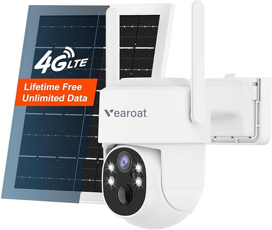 4G LTE Cellular Security Camera, Lifetime Free Unlimited Data, Built-in VSIM Card, 2K Color Night Vision, 360° Live View, AI PIR Motion Sensor Detection, Solar Powered Wireless Outdoor