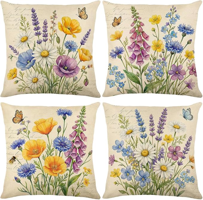 wyooxoo Throw Pillow Covers 18x18 Set of 4 Spring Pillow Covers Linen Flower Farmhouse Cushion Case for Sofa Couch Living Room Outdoor Home Decor