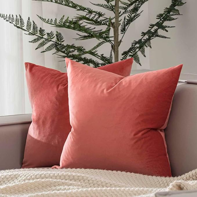 22x22 Velvet Throw Pillow Covers Set of 2 for Couch Sofa Bed,Coral | JUSPURBET Decorative Pillow Covers with Invisible Zipper for Modern Living Room Bedroom Home Decor