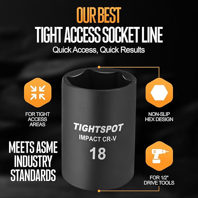 TIGHTSPOT 1/2 Inch Drive 18mm Shallow Impact Socket with Anti-Rounding 6 Point Design, Heat-Treated CRV Steel