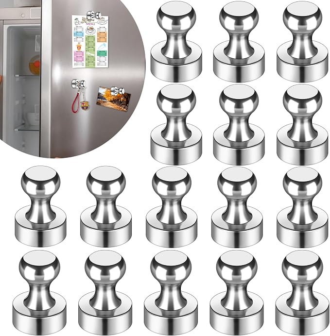 LOVIMAG Fridge Magnets 16Pcs, Magnet for Refrigerator Whiteboard, Silver | Small Strong Neodymium Metal Cute Push Pin for Classroom, Kitchen, Accessories Decorative, Office, Calendar