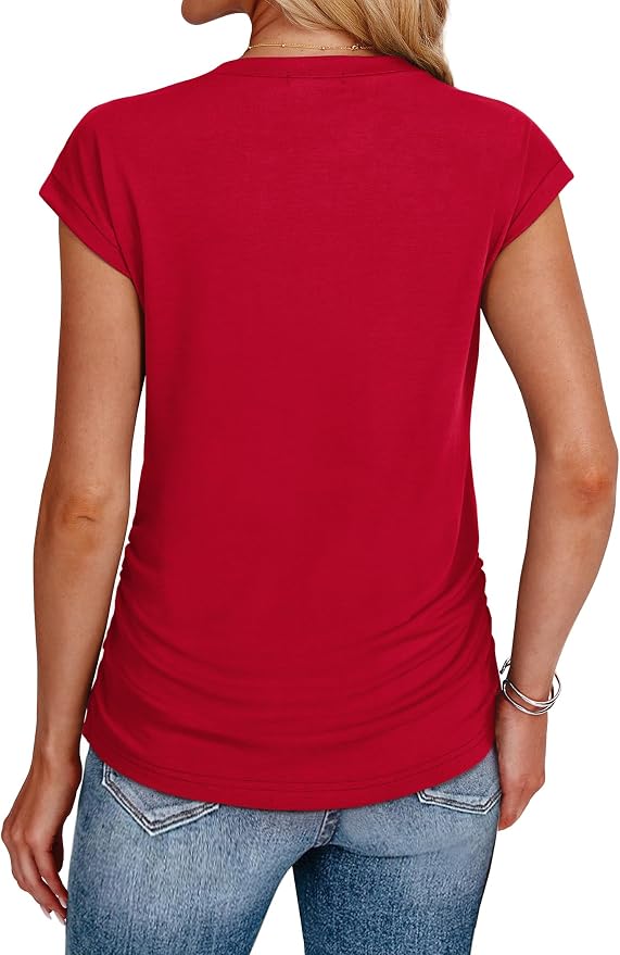 Sampeel Womens Summer Tops Trendy 2026 Ruched Cap Short Sleeve Tshirts Shirts Crew Neck T Shirts Fashion