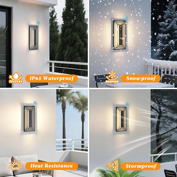 Dawn To Dusk Outdoor Light Fixture Modern Exterior Wall Light, 3-Tier Black Outdoor Wall Sconce, 15.7 IN Outdoor Lights For House,Front Door, Patio, Warm White 24 W Outside Porch Lights 2 Pack