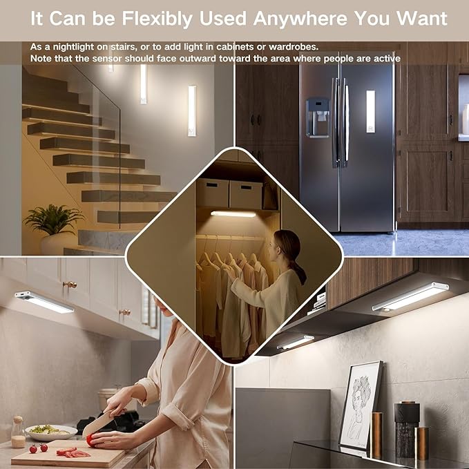 Motion Sensor Under Cabinet Lighting-Magnetic Rechargeable Closet Lights for Kitchen,Stairs,Wardrobe | 3-Color Dimmable LED Under Counter Lighting | Cord-Free Light Bars (9.5inch-4Pack)