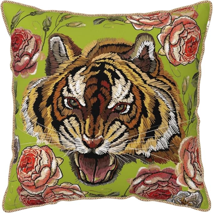Tiger Flower Green Velvet Pillow Covers 18x18 Inch Pink Floral Animal Throw Pillows for Couch Cushion Covers Pillowcase Farmhouse Modern Pillow Cases for Sofa Bed Living Room Bedroom