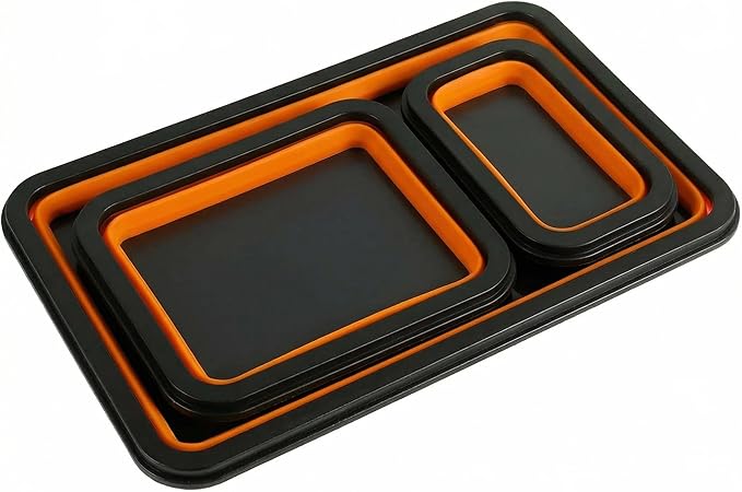 Collapsible Magnetic Parts Tray Set of 3 Different Size, Red Foldable Silicone Tool Trays for Screws, Bolts, Nuts and Other Small Metal Parts (Orange)