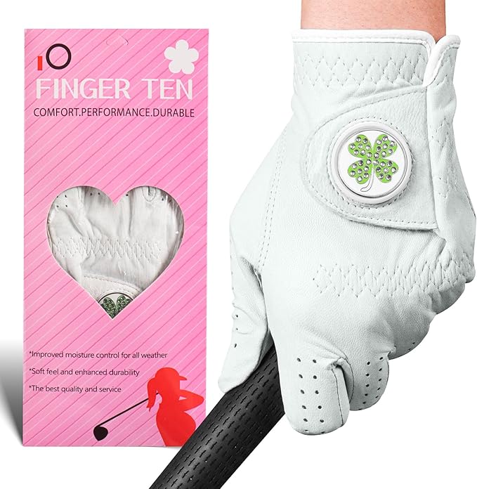 FINGER TEN Golf Gloves Women All Premium Cabretta Leather 1 Pack, Soft Comfortable & Breathable Grip Glove with Ball Marker Left Hand for Right Handed Golfer