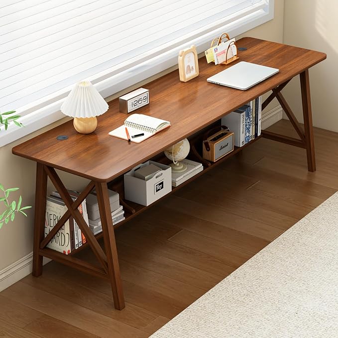 NELYE Extra Long Writing Desk with Bookshelf, 71" Wx20 Dx30 H, Walnut | Wooden Home Office Work Study Table, Computer Gaming Workstation with Storage Shelf, Sturdy MDF Resists Wobble