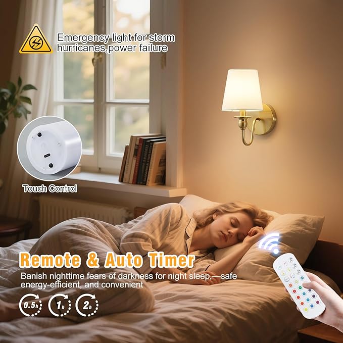 Battery Operated Wall Sconces set of Two,Wireless Wall Sconces with 10000mAh Dimmable Bulb and Remote,LED 15 Colors Rechargeable Gold Wall Sconce with Fabric for Bedroom Living Room Hallway Wall Decor