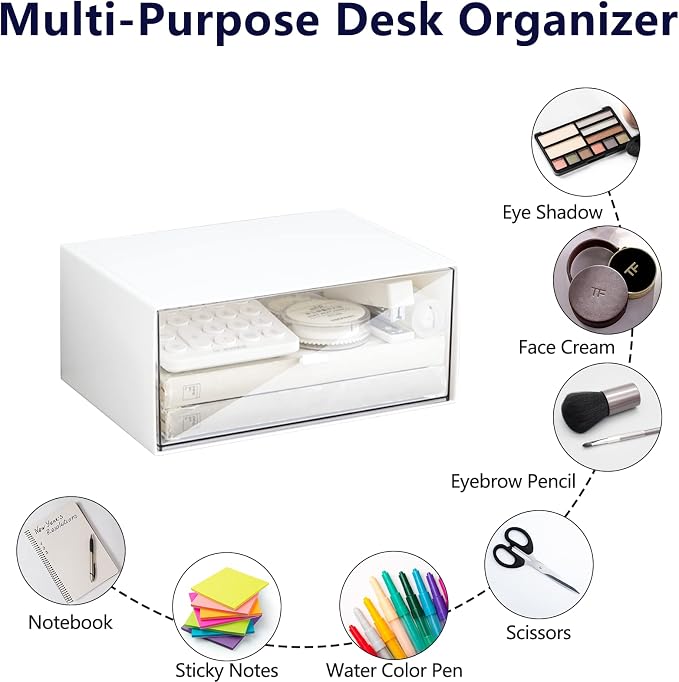 Desk Drawer Organizer, Stackable Storage Drawers, Plastic White Desk Organizers Great for Makeup Storage Bathroom Organization Accessories Etc - Large 1 Drawers (White)
