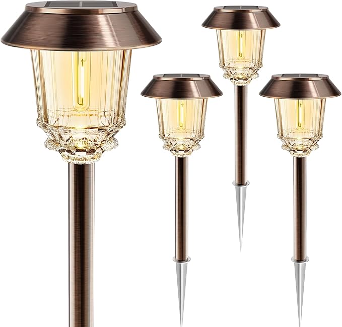 Solar Lights Outdoor Waterproof,4 Pack Bronze Pathway Lights with 10-40 LM Dimmable Glass and Metal, Solar Powered Garden Fall Decor for Yard,Patio,Pathway,Driveway(Warm White)