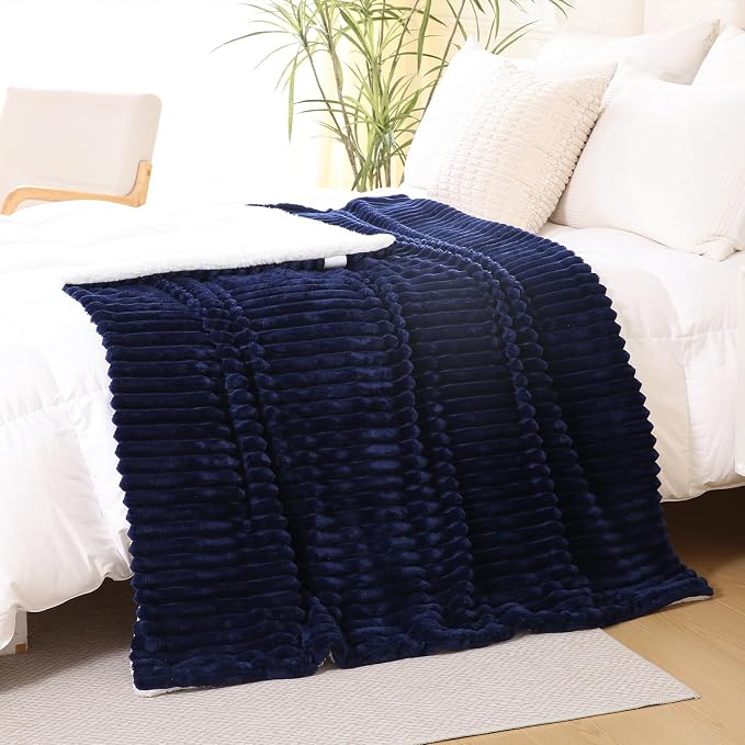 Navy Blue Sherpa Fleece Throw Blanket 90”×90”for Couch Sofa Bed | Double Side Soft Fuzzy Cozy Plush Thick Flannel Blanket with Striped Design Gift for Adults,Woman