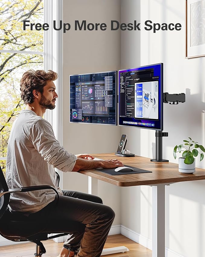 HUANUO Dual Monitor Mount for 13-32 Inch Screens, 17.6 lbs per Arm | Dual screen setup, tilt, swivel, rotation, 16.3 inch pole, cable clips, C-clamp or grommet, VESA 75x75/100x100mm