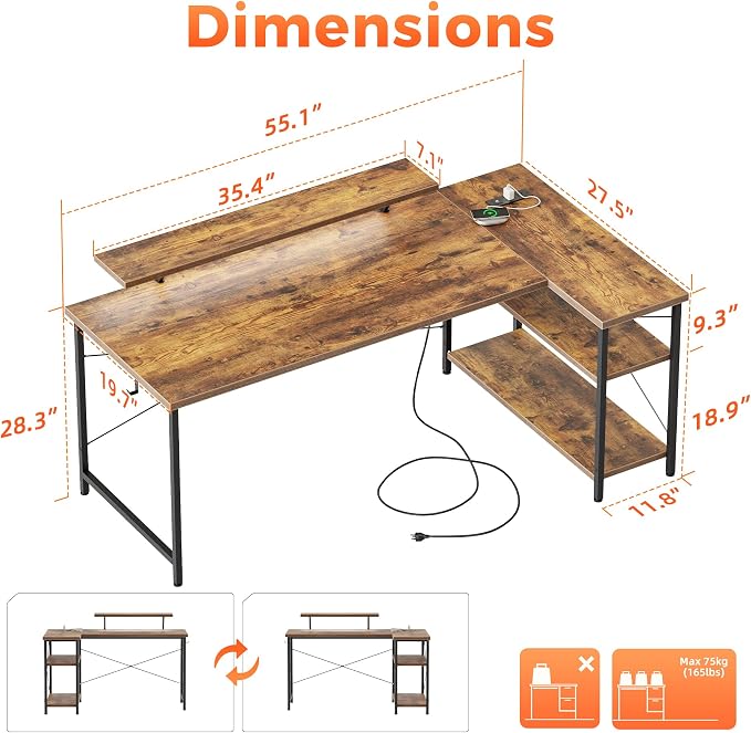 Mericonia 55 in L Shaped Gaming Desk, Large Corner Desk with Monitor Stand | Reversible Computer Desk with Power Outlets, LED Light & Storage Shelves, Office Table for Home Bedroom Study Work Writing