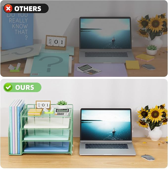 Marbrasse 4-Tier Paper Tray Organizer with File Holder, Green | Sturdy Paper Tray, Built-in File Holder, fits Letters/Docs, Saves Desk Space, for School/Office/Home