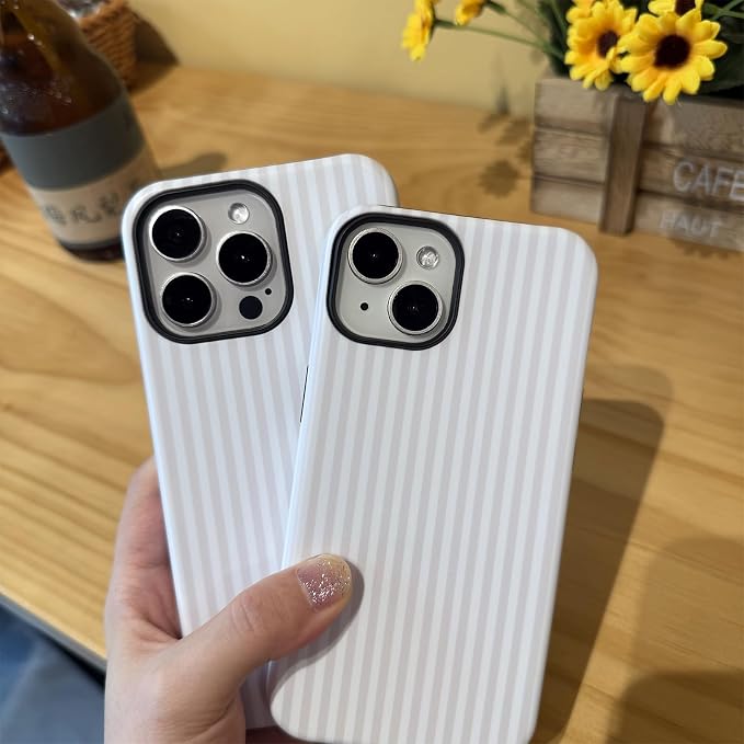 for iPhone 15 Plus/14 Plus Case Striped Cute Aesthetics Phone Case Trendy Protective Shockproof Cover for iPhone 15 Plus/14 Plus White