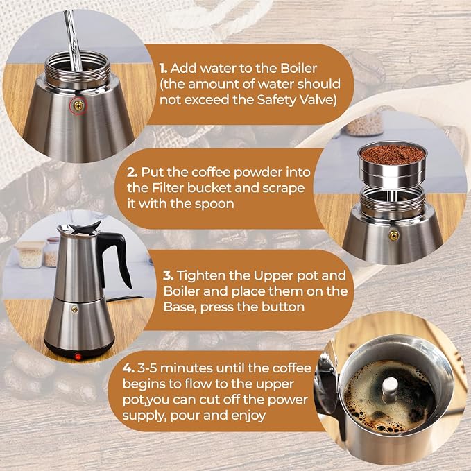 Electric Stainless Steel Moka Pot 6 Cup 300ml Mocha Pot | Espresso Maker with Detachable Base Ideal Coffee Maker for Home Italian and Cuban Café Coffeemaker Espressomaker Coffee Pot
