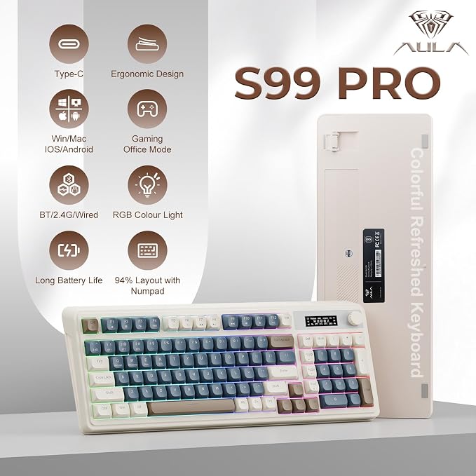AULA S99 Pro Wireless Keyboard, Gaming Keyboards Media Knob Custom RGB Backlit, 3-Modes BT/2.4G/USB-C Membrane Cute Creamy Keyboard for Windows/MAC/PC Gamer - Blue White