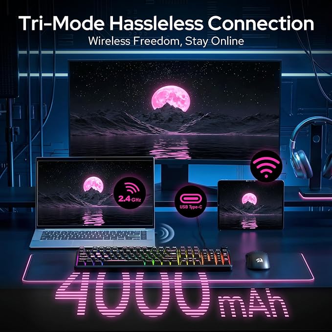 Redragon K526 PRO Wireless RGB Membrane Gaming Keyboard, LED Screen & Knob | See Battery, Mode & Time at a Glance, 0-Delay Tri-Mode, One-Touch Backlit & Media Adjust, 26-Key Anti-Ghost for Combo-Strike